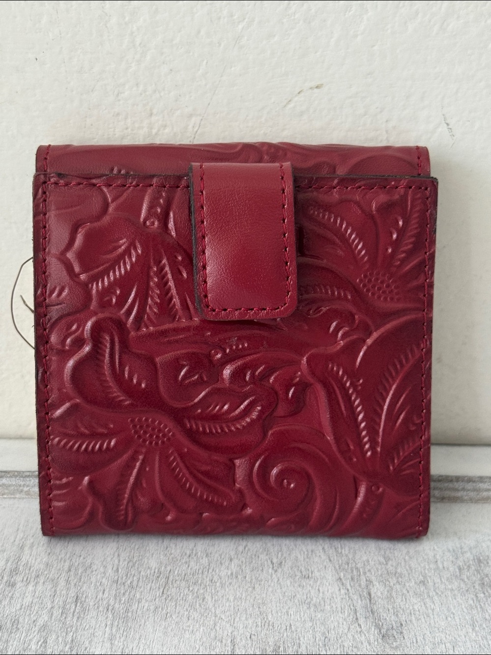 Patricia Nash Astra Tooled Floral Berry Red Leather RFID Bi Fold Wallet